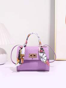 1pc Girls' Solid Color Mini Crossbody Bag, Scarf Decor Handbag, Suitable For Daily Use, Ideal Gift Choice - Purple - View 8