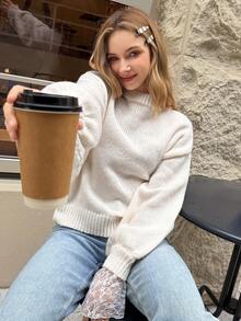 DAZY New Autumn Loose Casual Lace Patchwork Women Sweater - White - View 7