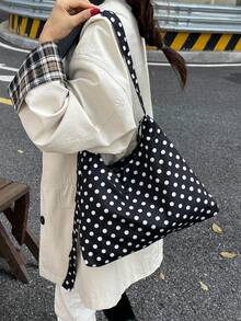 圆点简约帆布包春夏季新款露口双肩带轻便简约大容量斜挎包适合女性日常生活休闲通勤学生使用 - 黑色 - 查看 8