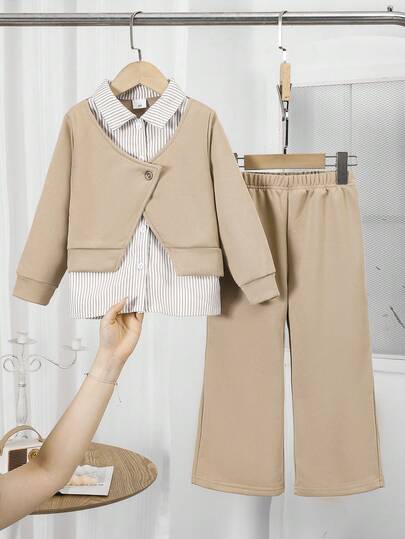 idolCat 2pcs/Set Girls Casual Khaki Convertible Shirt & Pants Set