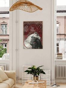 1pc Vintage Frameless Canvas Wall Art - Two Horses On Persian Rug, Equestrian & Persian Carpet Design, Red & Blue Traditional Patterns, Modern Aesthetic Room Decor For Living Room, Corridor, Bedroom