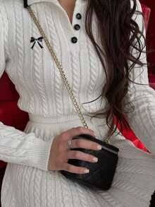 2pcs Women's Butterfly Embroidered Long Sleeve Polo Sweater And Knit Midi Skirt Set, Streetwear, Teacher Outfits, Suitable For Winter, Thanksgiving, Fall, Back To School, Party