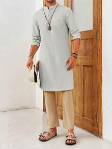 Mens Kaftan Robe Button Down Long Sleeve Henley Cotton Thobe Casual Side Split Gown Shirthalloween - Xám - Xem 10