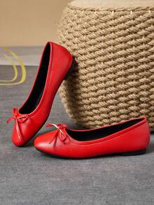 MonaNise Women's Fashion Square Toe Low Vamp Apricot Bow Flat Shoes, Black & White Outdoor Casual High-End Khaki Versatile Flats - Red - View 6