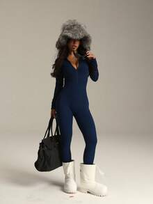 PinkTip 1 Stück Damen Mode Langarm Jumpsuit, Thermofutter, Reißverschluss, elastischer Bund, Slim Fit, bequemer Komplett-Outfit, geeignet für Herbst/Winter