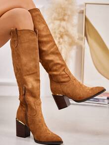 fandelle Women's Pointed Toe Fashion Daily Commute Side Zipper High Heel Knee-High Boots - Camel - View 2