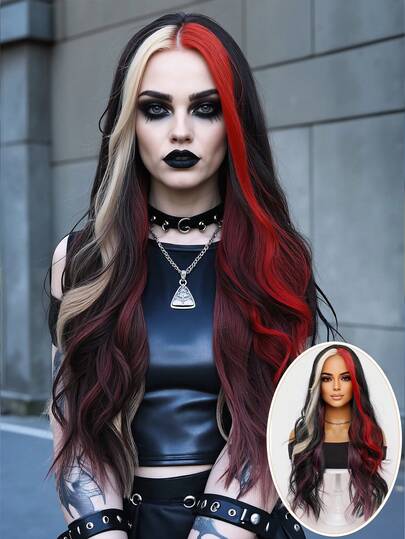 clouder Black Highlighted Red Blonde Extra Long Curly Wig 30 Inch Cosplay Wig Halloween Christmas Wig Elegant Soft Matte Hair Loose Curls Casual Outing Street Punk Wig Rock Wig Fluffy Natural Cool Girl Synthetic Heat-Resistant Fiber Wig Suitable For Women Daily Party Wig Music Festival Wig Avant-Garde College Style Wig Modern Fashion Gothic Wig