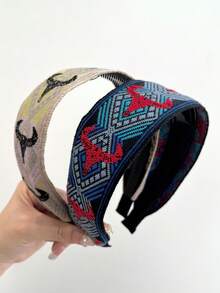 1pc Embroidered Headband, Geometric Pattern Bohemian Polyester Cowgirl Vintage Design Hair Accessory ,Beauty ,Hair Hair Hoop