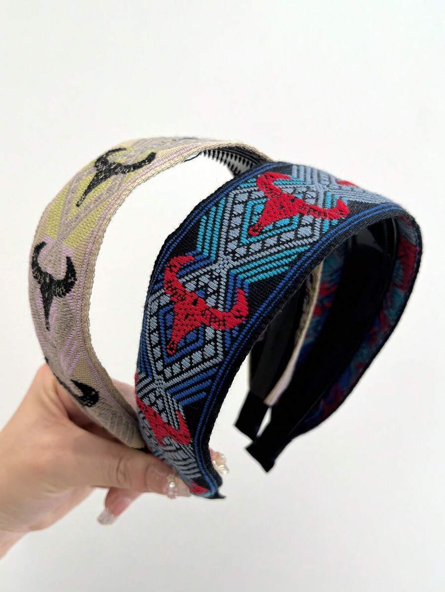 1pc Embroidered Headband, Geometric Pattern Bohemian Polyester Cowgirl Vintage Design Hair Accessory ,Beauty ,Hair Hair Hoop