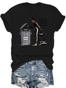 [Camiseta de moda casual] Camiseta suave y cómoda para mujer - Limpieza de drama tóxico Casual de manga corta y cuello redondo, regalo perfecto para la abuela y la mamá, uso casual de primavera y verano - Negro - Ver 1