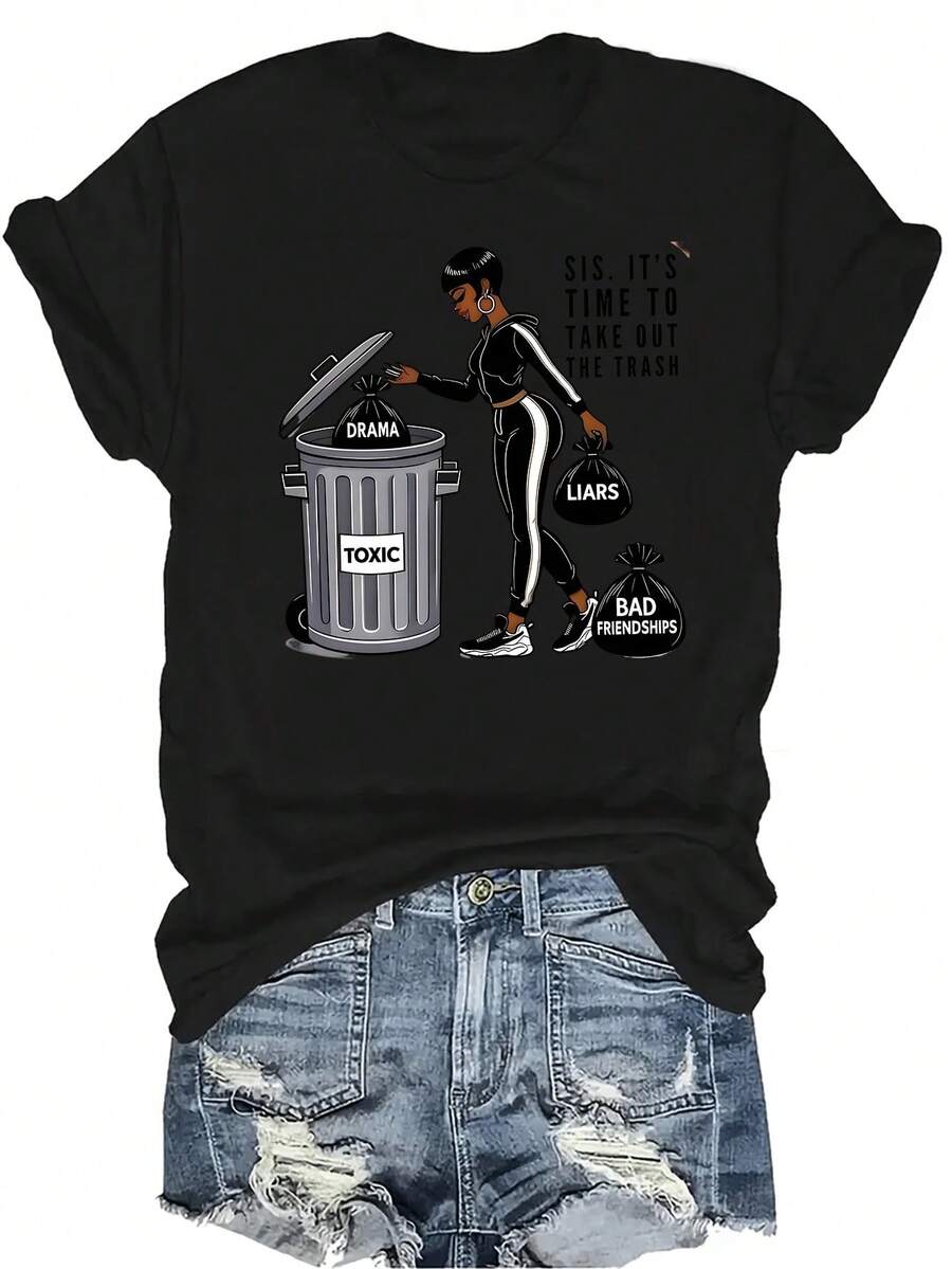 [Camiseta de moda casual] Camiseta suave y cómoda para mujer - Limpieza de drama tóxico Casual de manga corta y cuello redondo, regalo perfecto para la abuela y la mamá, uso casual de primavera y verano - Negro - Ver 1