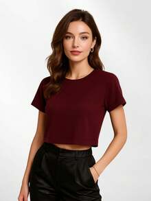 Women's Basic Short Sleeve Crop Top -B00 - 紫紅色 - 查看 5