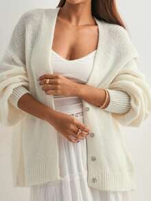 Women's Solid Color Long Sleeve Cardigan, Spring Fall Button Up Knit Sweater Lightweight Casual Open Front Coat - White - View 7