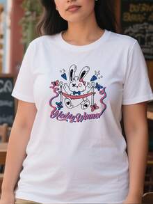Camiseta casual para mujeres de 220g de algodón puro gruesa y cómoda con diseño de conejo cartoon cute con mariposas y texto Heibig - Blanco - Ver 2