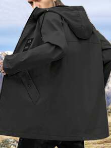 Hidkat Men's Mid-Length Windbreaker Jacket, Hooded With Drawstring, Warm And Windproof, Solid Color, Suitable For Casual Outdoor Daily Wear - 黑色 - 查看 2