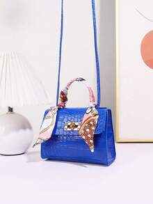 1pc Girls' Solid Color Mini Crossbody Bag, Scarf Decor Handbag, Suitable For Daily Use, Ideal Gift Choice - Royal Blue - View 6