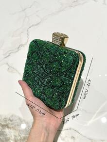 1pc Green Double-Sided Rhinestone Elegant Box-Shaped Evening Clutch Bag, Suitable For Formal Occasions Like Banquet, Wedding, Party, Fashion Handbag, Crossbody Chain Bag