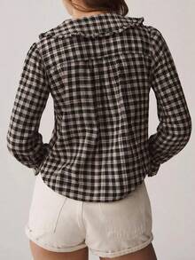 Women's Plaid Long Sleeve Shirt With Ruffle Collar Button Front And Cuff Details - Brown - View 2