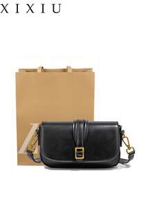 Women's Bag 2025 Autumn New Product Tofu Bag Black Buckle Detail Shoulder Crossbody Bag Versatile Small Square Bag For Work Commute Shopping Date(Without A Gift Bag)