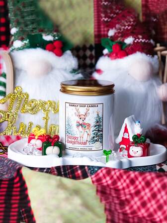 1pc Large Capacity 200g Christmas Limited Family Ship Aromatherapy Candle, Golden Lid And White Jar With Elk Pattern, Elk And Cedar Christmas Fragrance, Holiday Atmosphere Home Decoration Gift, Christmas Scented Decoration, Gift For Friends And Home Ornament For Festivals, Christmas Decorations, Christmas Gifts