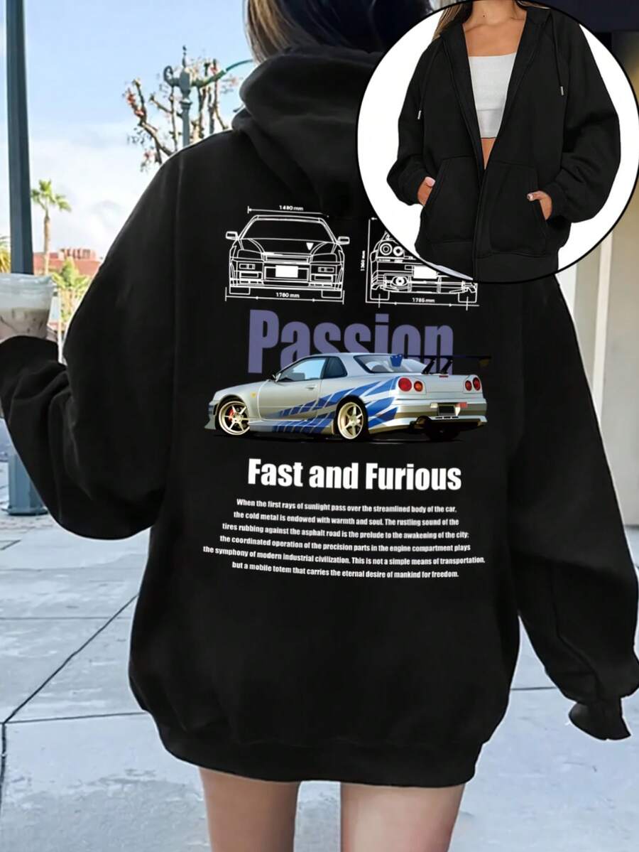 Mujer005-1 Chaqueta de capucha de estilo Y2K para mujeres de color negro con gráfico de coche de carreras - Diseño de  Pasión  y  Rápido y furioso , chaqueta casual con cremallera para todas las estaciones, - Negro - Ver 1