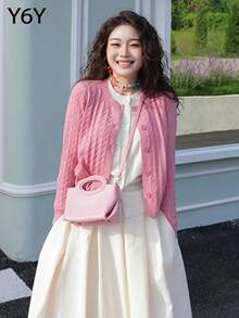 [Y6Y] Women's Pink Knitted 2 In 1 Contrast Color Cardigan, Long Sleeve, Regular Length, Medium Elasticity Cable Knit Sweater Top, Sweet Casual Wear For Autumn - Baby Pink - View 4