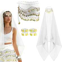 Belly Dance Set Belly Dance Chiffon Hip Scarf, Bandana Wrist Bracelet Dance Accessories With Gold Coins - Multicolor - View 6