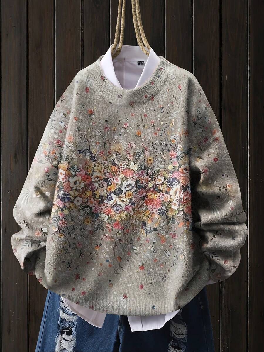 Women's Lightweight Floral Print Sweater - Khaki With Multicolor Flower Pattern, Casual Crew Neck Long Sleeve Top, Suitable For All Seasons, Layered Design, Vibrant Color Blend - Khaki - View 1