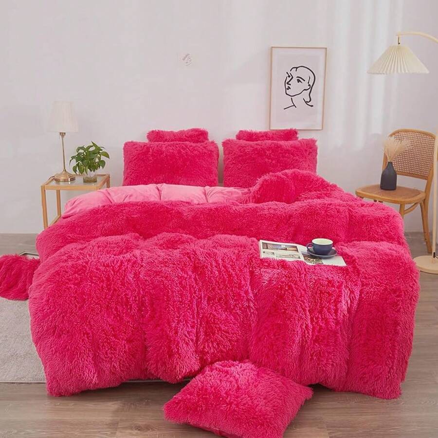 Plush Shaggy Duvet Cover Set, Ultra Soft Fluffy Bedding Sets 3 Pieces (1 Fuzzy Comforter Cover + 2 Pillow Cases), Zipper Close (, Pink), Luxury Bedding - Hot Pink - 查看 1