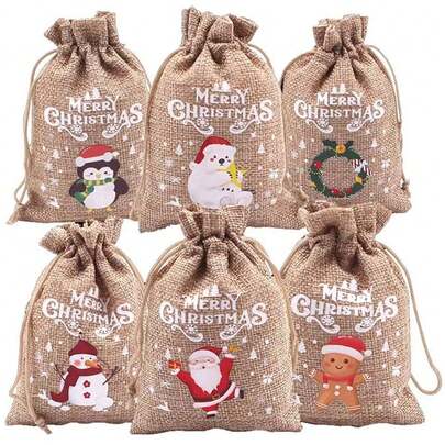 10个装圣诞礼品帆布袋，圣诞印花抽绳袋，带系带封口，节日装饰礼品袋，图案随机。圣诞礼品袋，圣诞装饰，家居装饰，秘密圣诞老人礼物，趣味礼物。