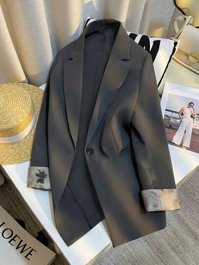 时尚通勤气质百搭H型西装翻领长袖袖口拼接印花灰色秋冬女士西装外套