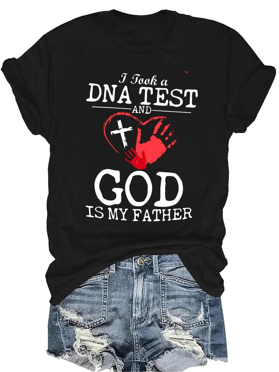 [Camiseta de moda casual] Camiseta suave y cómoda para mujer - Prueba de ADN de Dios Casual de manga corta y cuello redondo, regalo perfecto para la abuela y la mamá, uso casual de primavera y verano - Negro - Ver 1