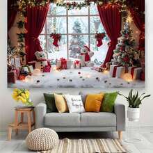1 Stück, Weihnachts-Fotohintergrund Tuch - Lebendige ländliche Fensterszene mit Schneemännern, Bäumen und Geschenken - perfekt für Weihnachtspartys, Heimdekoration und Fotostudio-Requisiten