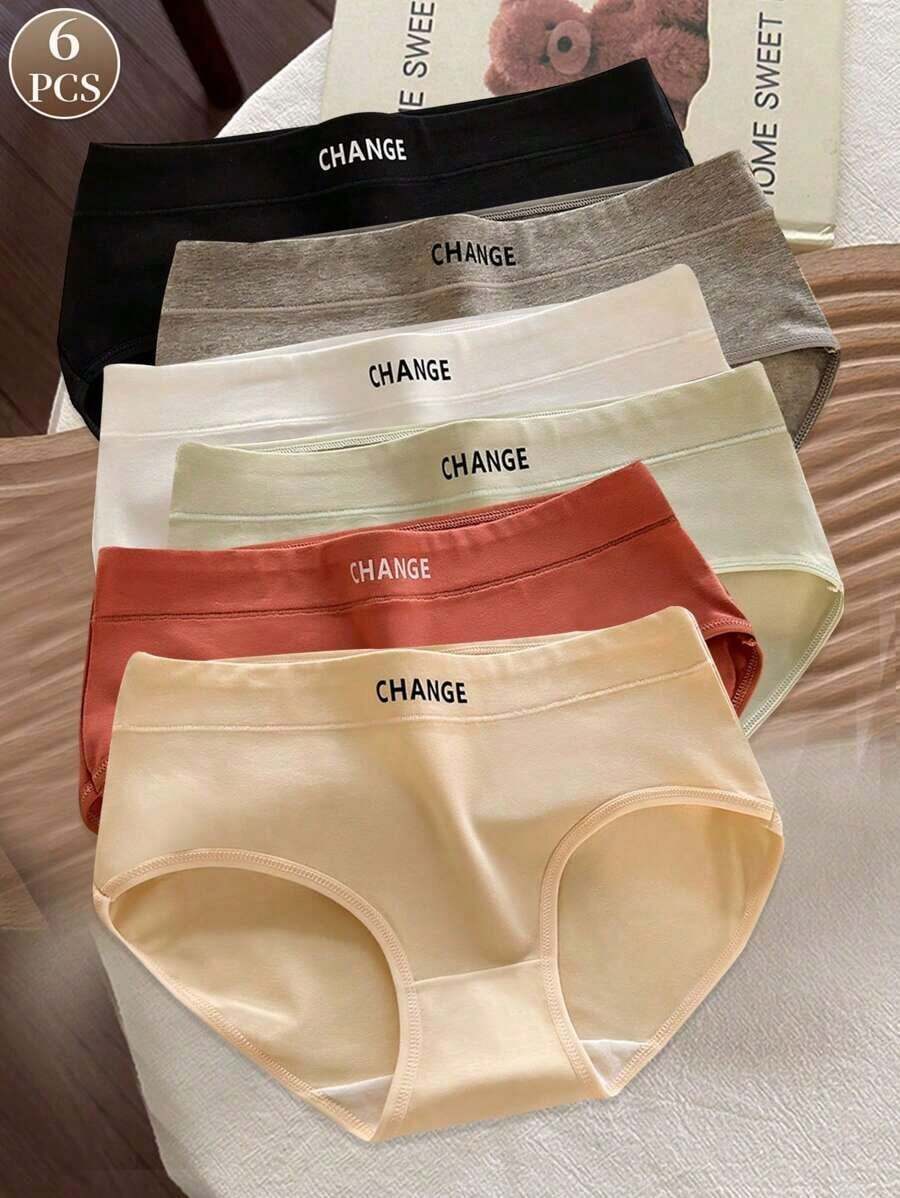 6 piezas de bragas triangulares para mujer, cómodas bragas de cintura media con diseño de letras de unicolor, sin costuras - Multicolor - Ver 1