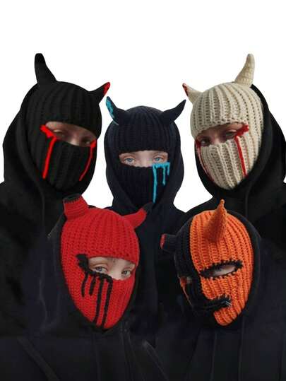 1 pieza Pasamontañas unisex de cuerno multicolor con máscara de manchas de sangre Gorro de esquí de punto cálido y novedad Cubierta facial para fiesta de Halloween