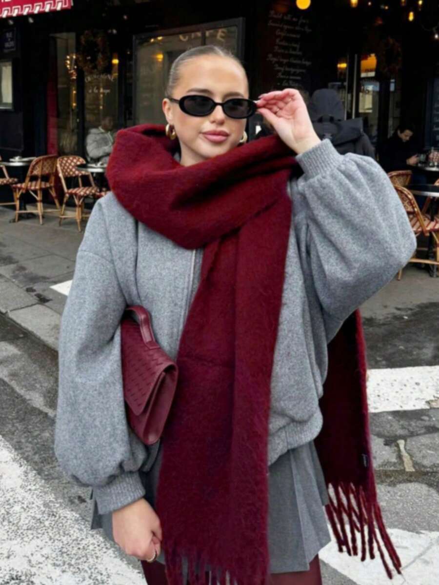 EMERY ROSE 1pc Solid Color Scarf, Winter Warm Neck, Thickened Wool Knitted Thick Fringed Shawl, Can Be Worn