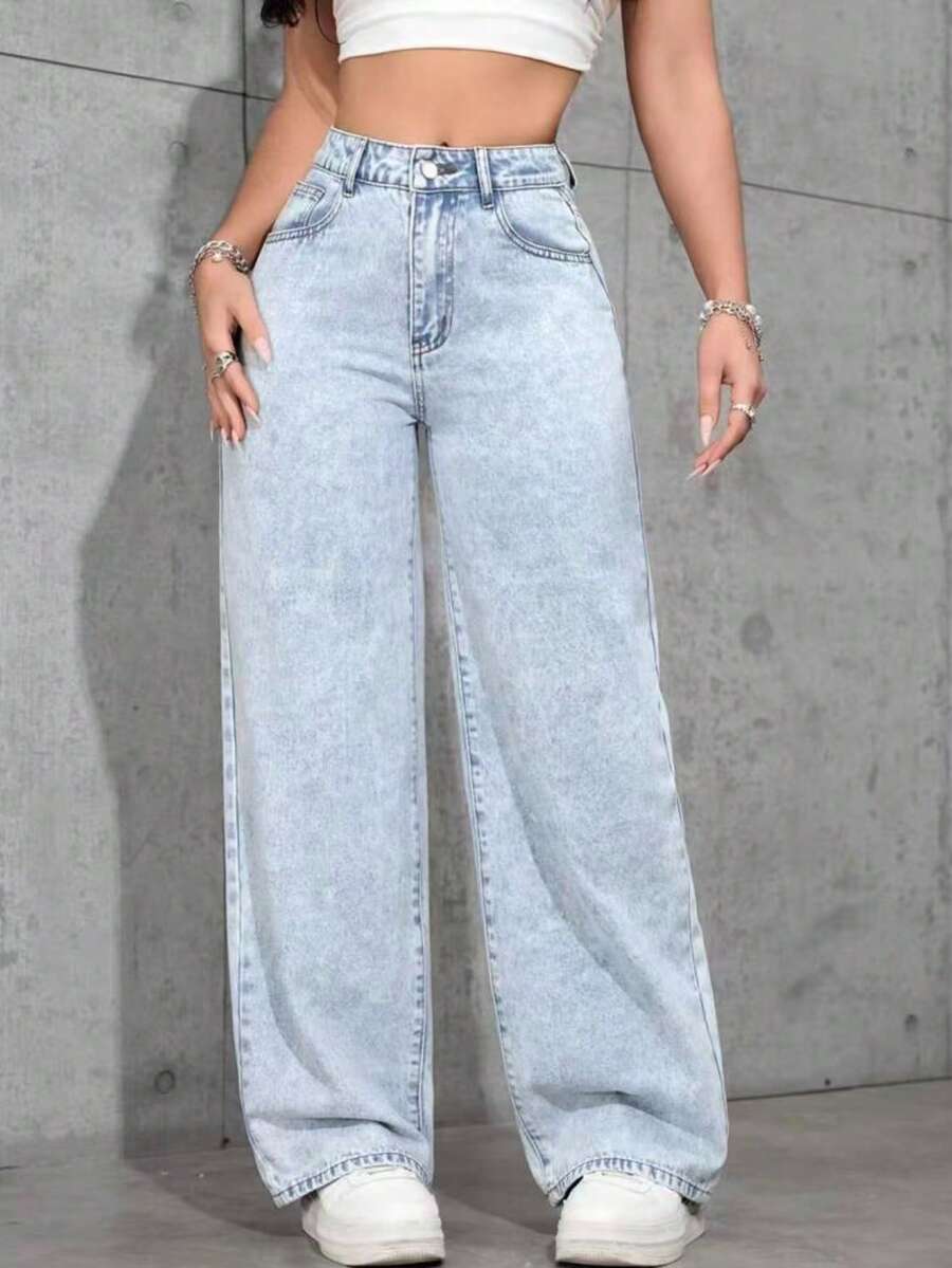 Jeans casuales y versátiles de pierna recta y bolsillos para adolescentes - Lavado ligero - Ver 1