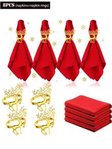 8入組混合裝包括4個聖誕餐巾環和4條紅色餐巾-適用於聖誕節桌面裝飾、晚宴派對