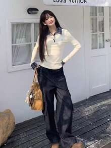 女式 Polo 领二合一格子拼接长袖 T 恤，时尚修身设计 - 白色 - 查看 4