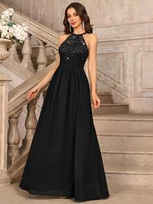 MIUSOL Đầm maxi dự tiệc trang trọng, hở lưng, xếp ly, chất liệu chiffon đính sequin và ren hoa, thích hợp cho khách dự đám cưới, lễ tốt nghiệp, tiệc chiêu đãi và các dịp khác, màu đen mùa xuân, thích hợp cho ngày Valentine. - màu đen - Xem 6