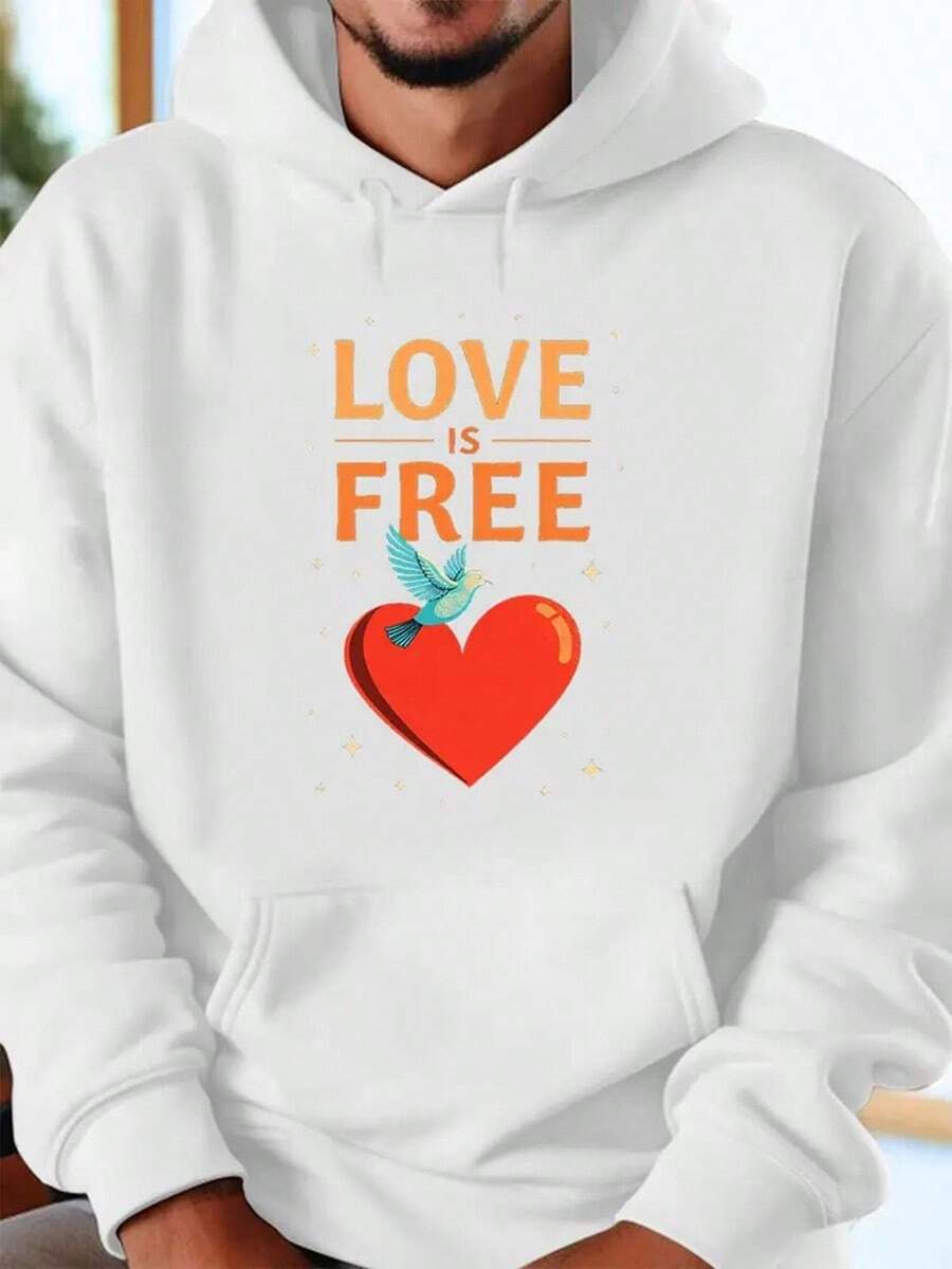 Loveisfree Print Hoodie - Long Sleeve, Knit Fabric, Relaxed Fit, Full Size, Fashionable Graphic Print, Perfect For Casual Outings And Daily Wear, Black White Red Grey Navy,Fall Hoodies,Men's Fall Clothes,Street Wear,Halloween,Mens Hoodies,Y2k Clothes,Jesus Hoodie,Thanksgiving Day,Nightmare Before Christmas,Christmas - White - View 1