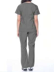 女士弹性柔软 Y 领上衣和直筒多口袋功能裤制服护理套装 - 灰色 - 查看 2