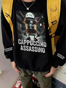 青少年男孩返校卡通咖啡杯人物印花圆领套头衫 - 柔软、可机洗、百搭 - 秋冬休闲装（儿童时尚必备品、万圣节） - 黑色 - 查看 7