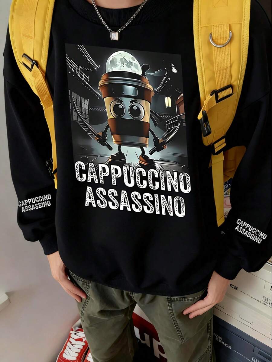 青少年男孩返校卡通咖啡杯图案圆领套头卫衣 - 柔软、可机洗、百搭 - 秋冬休闲款（时尚必备，万圣节） - 黑色 - 查看 1