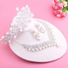 Premium Bridal Accessories Set: Faux Pearl Crown, Necklace, And Earrings, Suitable For Wedding Dress, Stage Performance, Banquet, Birthday Party