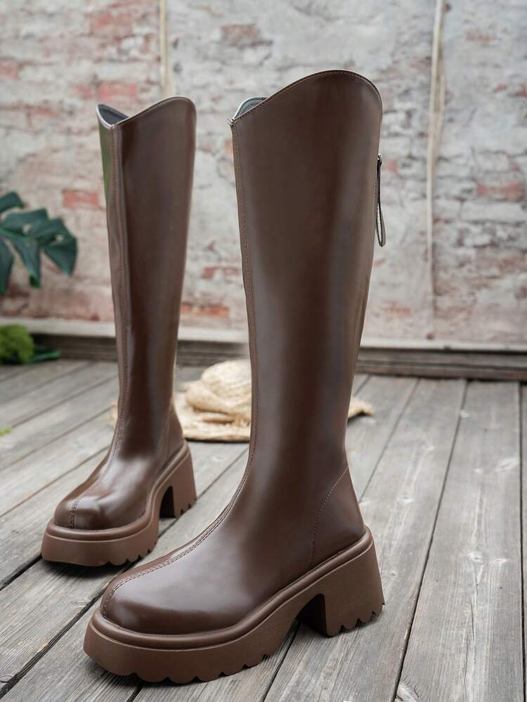 秋冬季V领粗跟弹力中筒女靴 - 棕色 - 查看 4