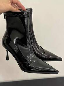 2025 Autumn/Winter New European And American Pointed Toe High Heel Ankle Boots, Slim Fit Patchwork Ankle Boots, Retro Brown Ankle Boots, Kitten Heels - Black - View 2