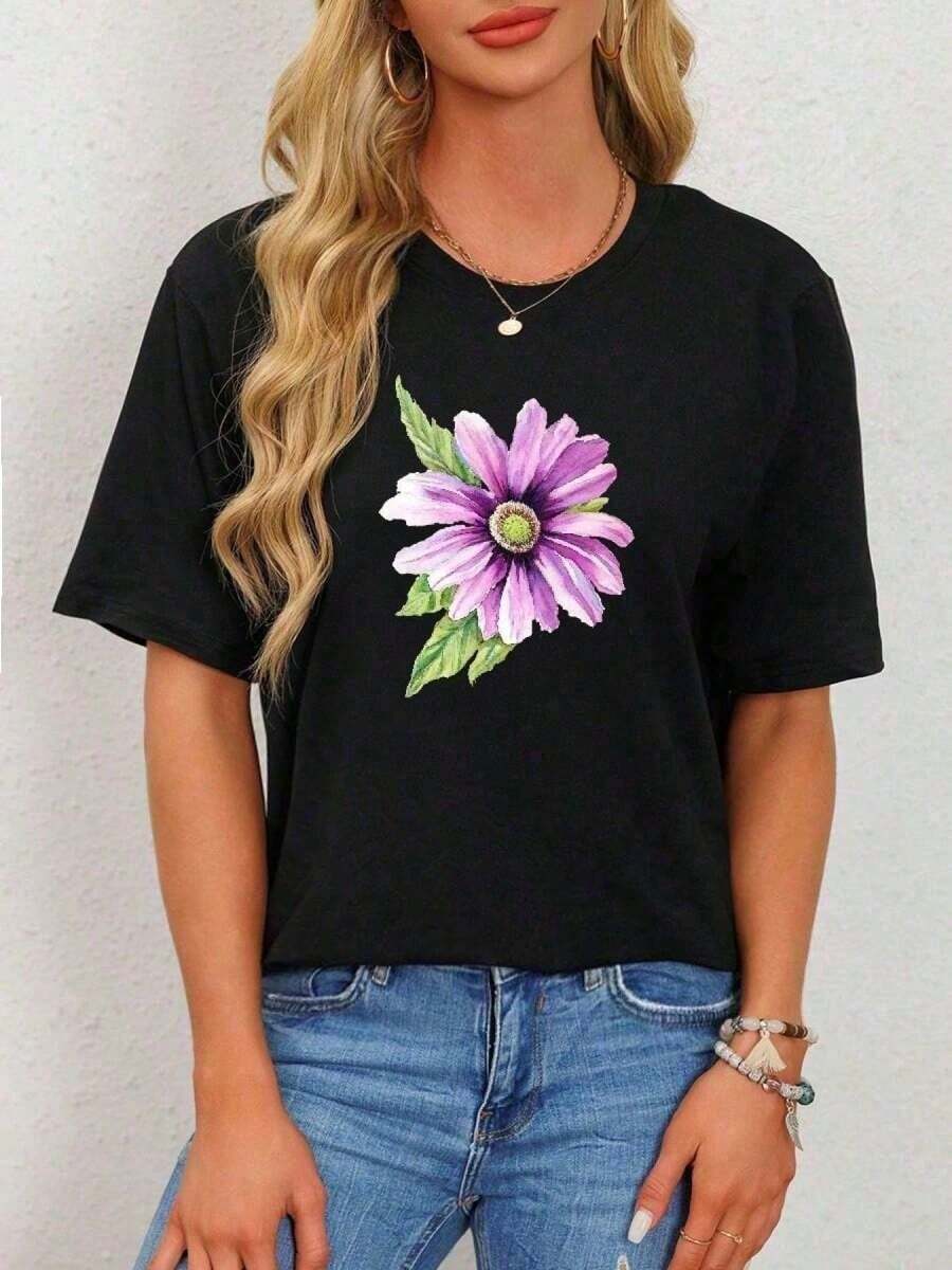 Flowers503 Flowers503 Camiseta de Ropa para Mujeres, Camisetas de Manga Corta para Correr y Ocio Adecuadas para la Parte Superior del Cuerpo, Moda de Algodón Premium, Camisetas de Cuello Redondo con Estampado Gráfico-365T, Camisetas de Cuello Redondo de Algodón Ligero con Estampado de Doodle-365T - Negro - Ver 1