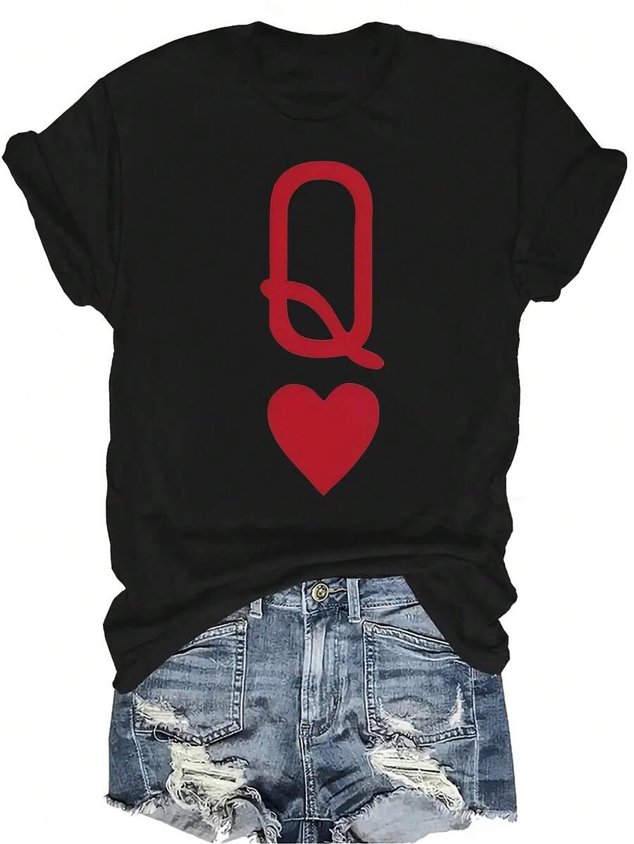 [Camiseta de moda casual] Camiseta suave y cómoda para mujer - Camiseta de manga corta de cuello redondo con símbolo de corazón de reina roja, regalo perfecto para la abuela y la mamá, uso casual de primavera y verano - Negro - Ver 1