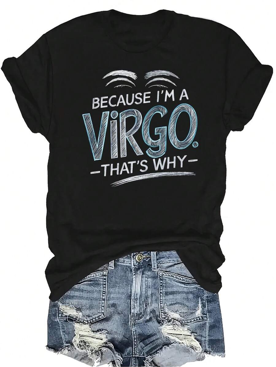 [Camiseta de moda casual] Camiseta suave y cómoda para mujer - Camiseta de manga corta de cuello redondo con estampado del signo zodiacal Virgo, regalo perfecto para la abuela y la mamá, uso casual de primavera y verano - Negro - Ver 1